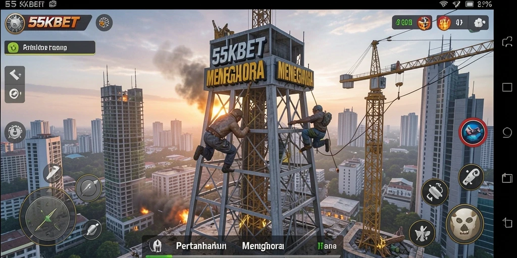 Tampilan gameplay menegangkan di 55KBET dengan menara dan musuh yang berdatangan.