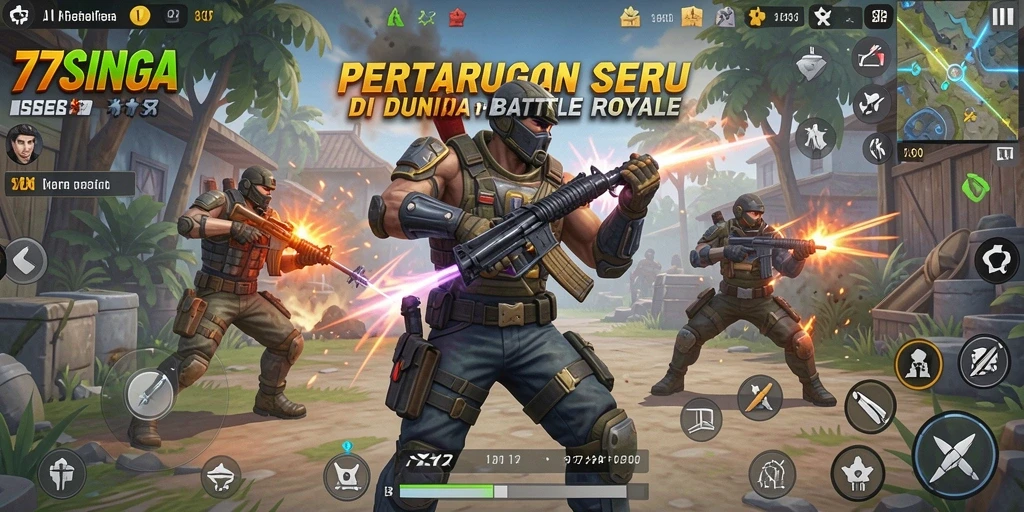 Tampilan aksi intens dalam pertarungan Battle Royale 77SINGA.