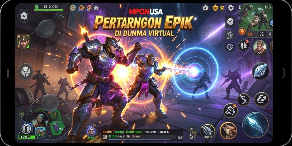 Tangkapan layar utama dari gameplay MPONUSA yang menampilkan pertarungan intens.