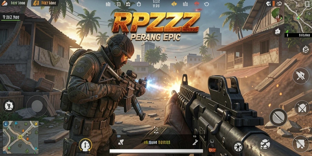 Screenshot menunjukkan aksi intens dalam pertempuran FPS.