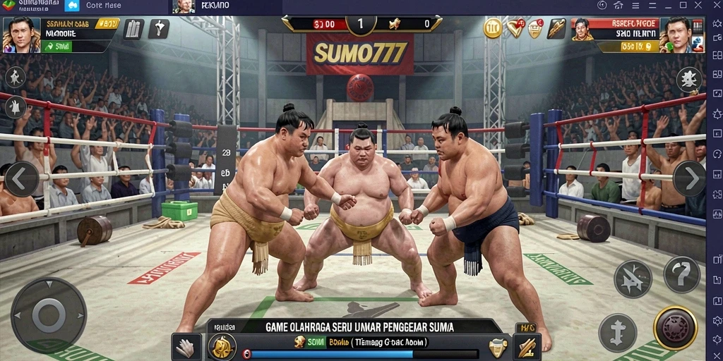 Gameplay menarik SUMO777 dengan pertarungan sumo yang seru dan dinamis.