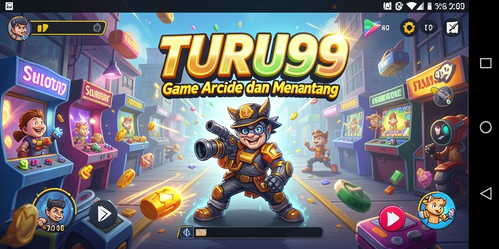 Tampilan gameplay arcade TURU99 yang penuh warna dan seru.