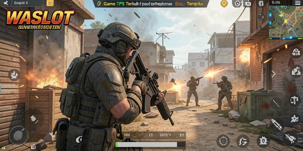 Screenshot utama WASLOT menampilkan aksi gameplay TPS yang mendebarkan.